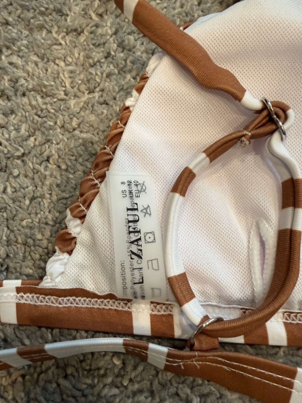 Zaful | NWT Brown and White Striped Smocked Triangle Bikini Top - Picture 4 of 9